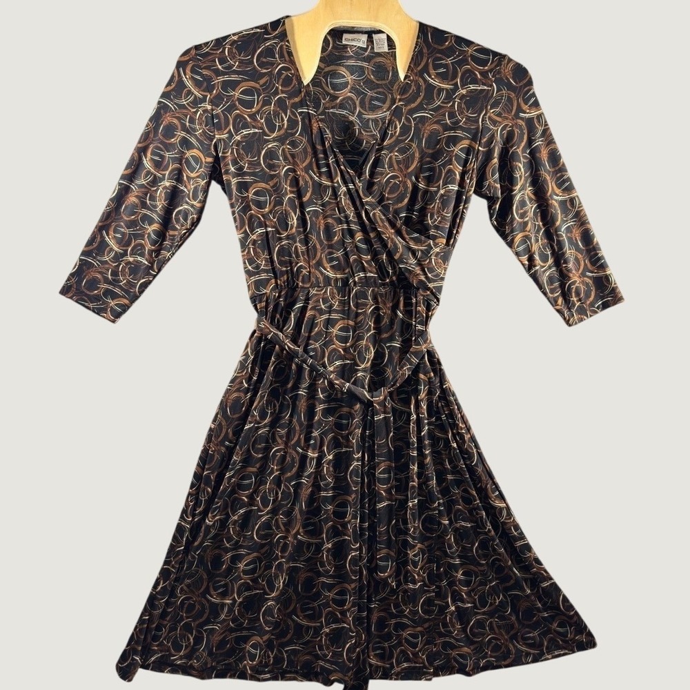 3189 | Chico's Abstract Swirl Faux Wrap Midi Dress Brown Retro Boho Women 2 L